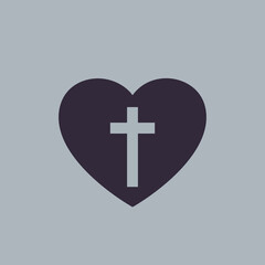 Obraz premium A dark purple heart with a white Christian cross symbol in the center against a plain grey background.