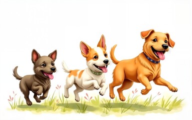 Happy dogs running joyfully in whimsical watercolor style painting, World spay day concept. High quality