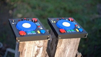 Unique Perspective of Dual DJ Turntables on Rustic Wooden Surfaces