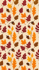 シームレス秋の葉とドングリのパターン｜心地よい秋デザイン