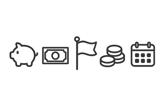 Minimalist finance icons set for business goals. Vector line art collection with piggy bank, money bill, flag milestone, coins, and calendar for financial planning and savings.
