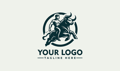 Muscular man riding a powerful bull, encircled in a logo design.