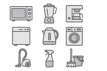 Minimalist home appliance icon set. Modern kitchen and cleaning essentials. Vector outline illustration of microwave, blender, coffee maker, dishwasher, washing machine, vacuum.