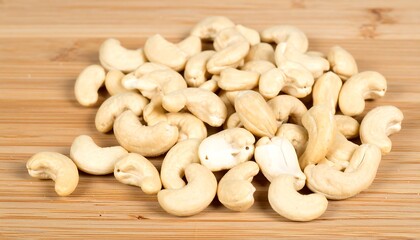 Pile of raw cashew nuts on a wooden surface representing healthy eating and snacking