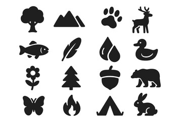 Fototapeta premium Nature and wildlife solid icons set. Forest animal silhouettes for outdoor adventure, camping, hiking. Vector symbols of bear, deer, fish, tree, mountain, and campfire.