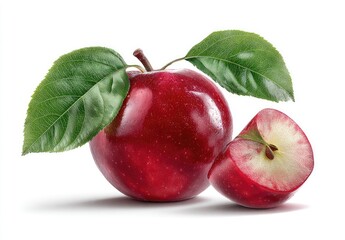 Red apple with leaves and slice