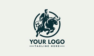 Vintage logo design of a man riding a bull, symbolizing strength and leadership.