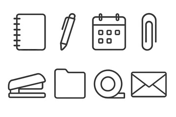Minimalist office icons set with notebook, pen, calendar, paperclip, stapler, folder, tape, envelope, vector cartoon illustration, simple line art, transparent background