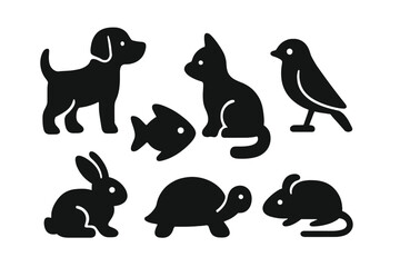 Fototapeta premium Minimalist black pet silhouettes collection with dog, cat, fish, bird, rabbit, turtle, mouse icons. Vector cartoon animal set with transparent background for design and decoration