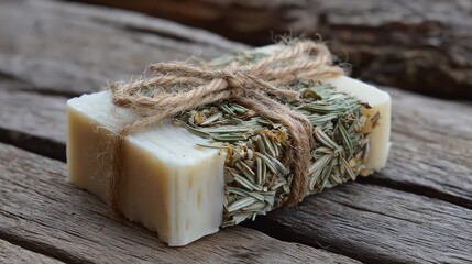 Handmade herbal soap bar with rosemary and twine on a rustic wooden surface, a natural and ecofriendly option