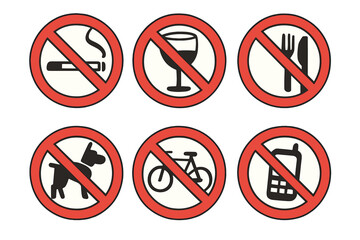 Prohibition sign set. Forbidden symbol collection. No smoking, alcohol, food, dogs, pets, bicycle, phone. Vector cartoon illustration. Banned, warning, restriction icons.