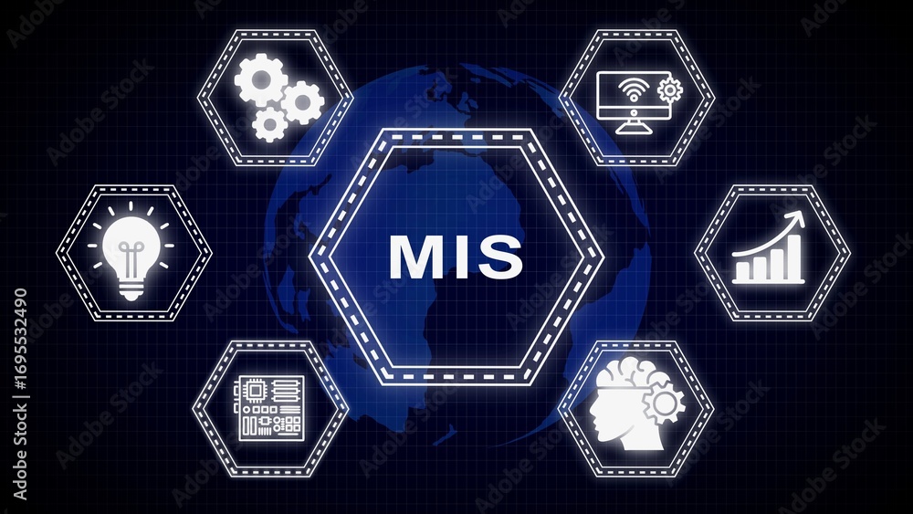 Poster illustration showing management information system technology and data analysis concepts
