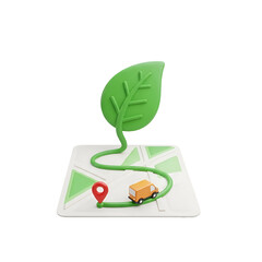Green logistics route with leaf icon, delivery van, and map pin representing eco-friendly transport