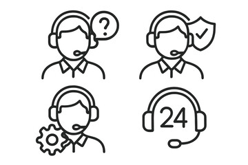 Customer service icons set with headset support agents, linear style vector illustrations, technical help, 24/7 assistance, call center, question, protection, gear concept, transparent background