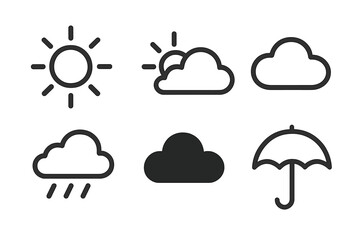 Minimalist weather icons set including sun, clouds, rain, and umbrella symbols. Vector cartoon illustration with transparent background. Clean line art design for weather forecasts, apps, and UI