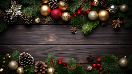 Moody Christmas backdrop featuring stylish seasonal decorations, pinecones, snow crystals, gift boxes, and evergreen needles for a refined holiday mood.