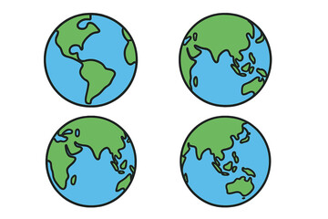 Set of four globe earth icons in flat style, cartoon vector illustration, blue oceans and green continents, simple round Earth design with transparent background, world map symbols