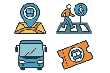 Public transport icon set. Bus, ticket, stop location on map, and pedestrian crossing. Urban transit and city safety concept. Vector cartoon graphic for web and mobile.