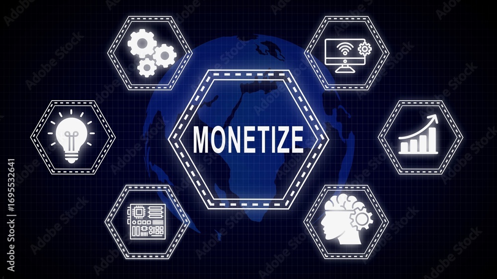 Aufkleber digital monetization concepts and business ideas represented by symbolic hexagonal icons