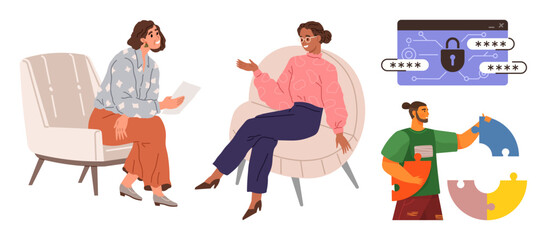 People in conversation and collaboration, focusing on cybersecurity topics and teamwork. Ideal for team collaboration, cybersecurity, idea sharing, problem-solving, brainstorming, education