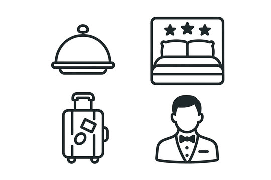 Modern hotel service icons set including amenities, hospitality, travel, concierge, minimalist design, suitcase, room service, luxury bed with stars, and professional butler vector illustration