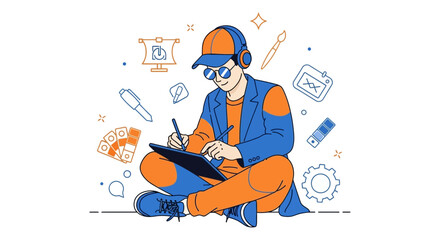 Digital Artist Focused Graphic Designer Crafting Creative Illustrations On Tablet