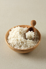 Garam Krosok or Crude Solar Salt on Wooden Bowl