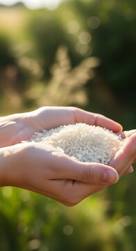 A handful of white rice grains held in cupped hands against a blurred natural backdrop, highlighting the bounty of the harvest.