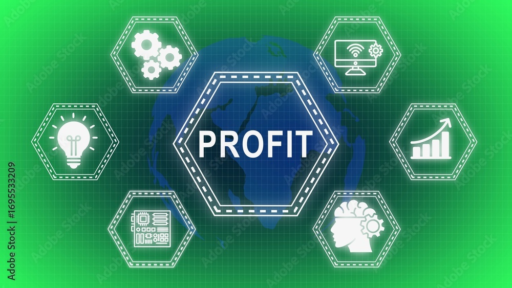 Poster conceptual representation of profit generation and business growth with integrated icons and global 