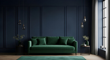 Elegant living room with dark blue walls and a green sofa under pendant lights.