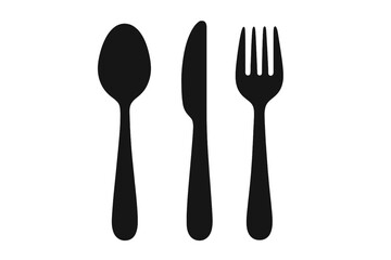 Vector silhouette set of tableware with spoon, knife, and fork icons. Black cutlery symbols, simple utensil shapes, kitchen tools, dining utensils isolated on transparent background, ordered set