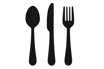 Silhouette tableware set with spoon, knife, and fork. Vector cartoon illustration of cutlery utensils, transparent background, kitchen dining flat icons collection