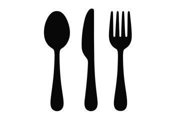 Tableware silhouette icon set of spoon, knife, and fork, simple black cutlery symbols, cooking utensils, dining tools, vector cartoon illustration, transparent background, kitchen essentials
