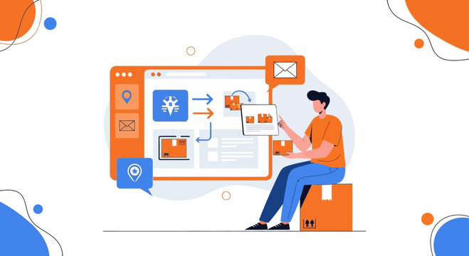 Digital Delivery and Logistics: Illustrative Graphic of a Man Managing Parcels Online