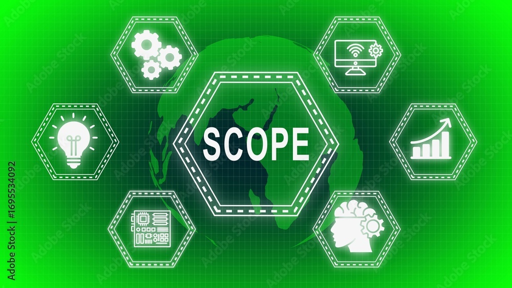 Aufkleber visual representation of project scope concept with global icons and word design