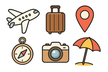 Travel icon set with airplane, luggage, location pin, compass, camera, beach umbrella, vector cartoon illustrations, transparent background, summer vacation symbols collection