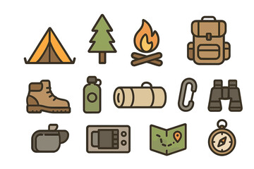 Minimalist outdoor adventure icons set camping hiking exploration essentials vector cartoon illustration with transparent background survival gear backpack tent map compass hiking boot