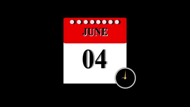 4K calendar animation June 04 date animation. clock and black background clean and stunning 4k animation.