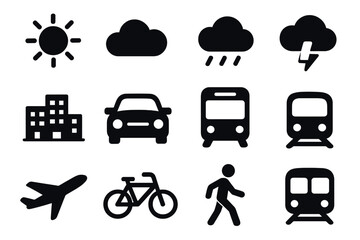 Weather and transportation icon set. Solid glyphs for daily commute, city life, and travel. Sun, rain, storm, car, bus, train, plane, and walk pictograms. Vector pack.