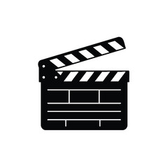 A black and white illustration of a film clapperboard, a tool used in filmmaking for synchronization.