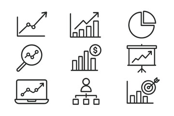 Analytics line icon set for business growth and data analysis. Vector icons of charts, graphs, and diagrams for finance reports, presentations, and infographics. Editable stroke.