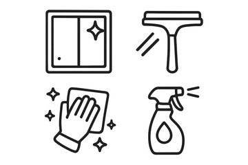 Window cleaning service icon set. Vector linear illustration of glass cleaner, squeegee, spray bottle, and wiping cloth. Housework, chores, hygiene and sanitation symbols.