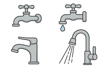 Various faucet designs showcasing different styles and functionalities in minimalist vector cartoon illustration with transparent background, water tap, plumbing icons, kitchen and bathroom fixtures