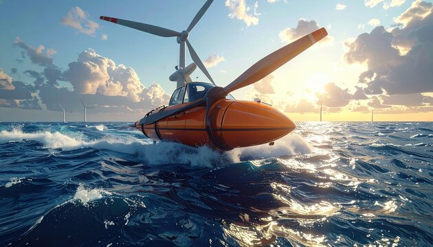 An orange futuristic watercraft, propelled by wind turbine technology, navigates a serene body of water during a picturesque sunrise. - Powered by Adobe