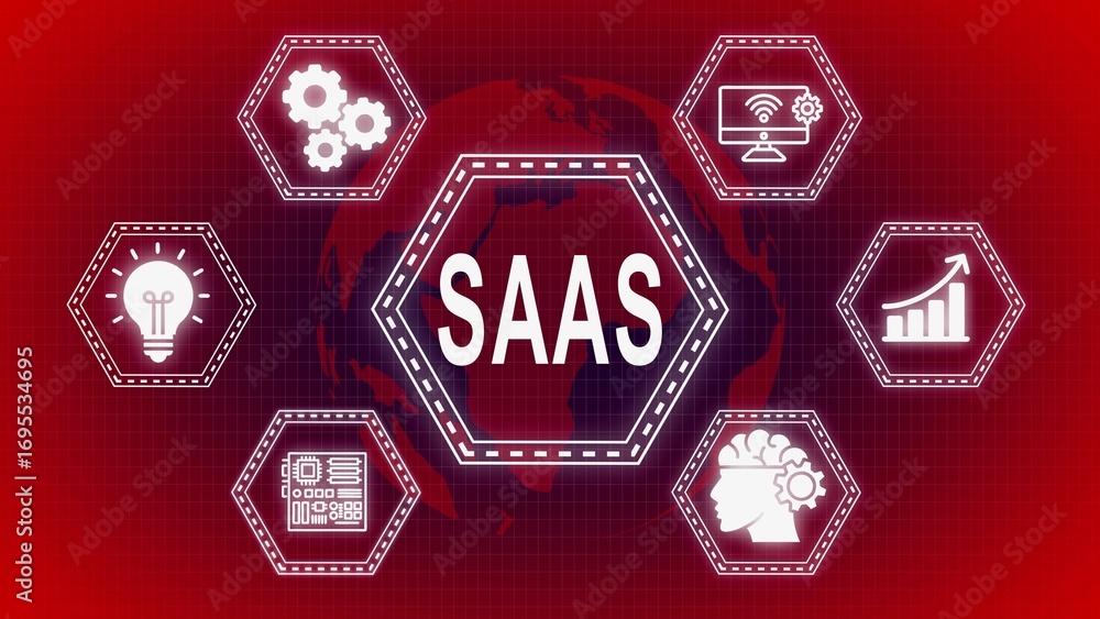 Fototapete software as a service saas concept with icons and world map on a red background