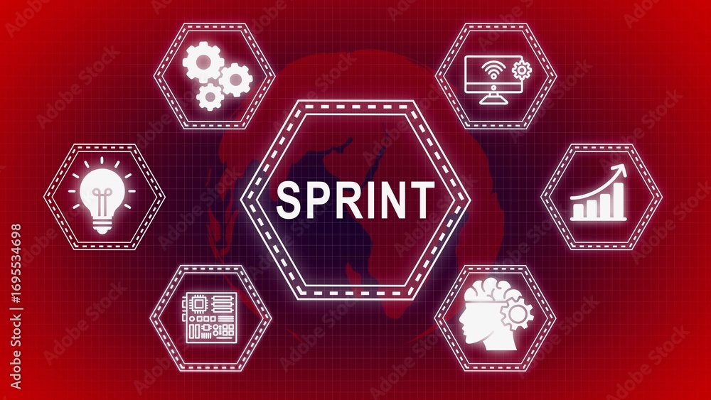 Poster conceptual sprint concept illustration with business strategy and innovation icons displayed in a he