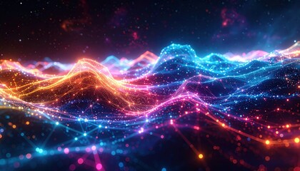 Abstract digital landscape, undulating topography, with vibrant glowing particles and interconnected lines, creating a dynamic, futuristic scene.