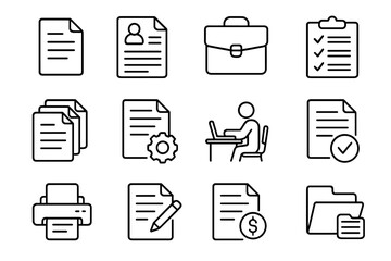 Job and office work line icon set. Vector collection of business symbols. Includes resume, cv, document, checklist, freelance, portfolio, contract, report, and management icons.