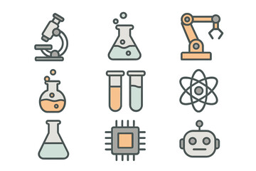 Minimalist science icons set featuring laboratory glassware, chemical beakers, test tubes, robotic arm, atom model, microchip and robot head, vector cartoon illustration