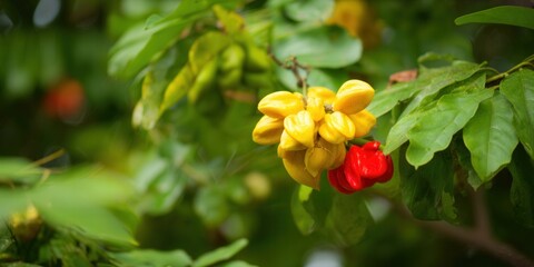Obraz premium A cluster of ripe ackee fruits, showcasing vibrant yellow and red hues.